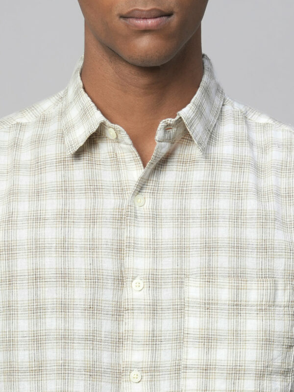 Men's Khaki Linen Cotton Regular Fit Checked Shirt