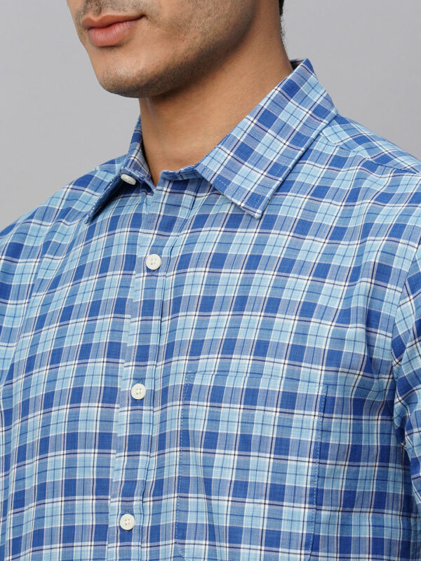 Men's Blue Cotton Regular Fit Checked Shirt