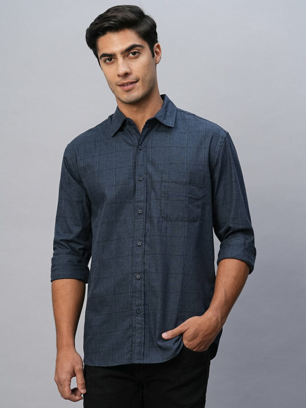 Men's Navy Cotton Regular Fit Checked Shirt