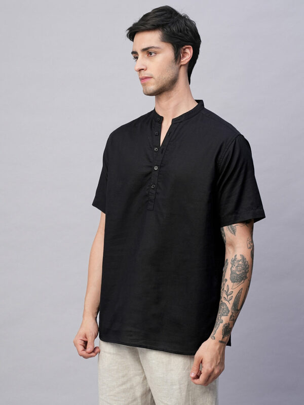 Men's Black Linen Cotton Slim Fit Band Collar Kurta Shirt