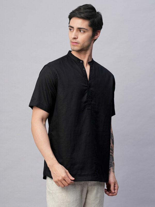 Men's Black Linen Cotton Slim Fit Band Collar Kurta Shirt