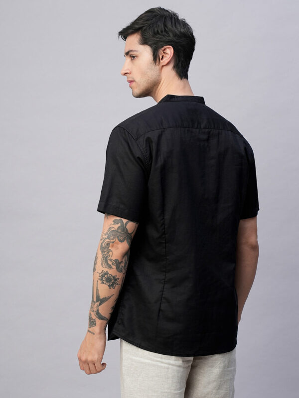 Men's Black Linen Cotton Slim Fit Band Collar Kurta Shirt