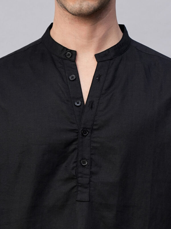 Men's Black Linen Cotton Slim Fit Band Collar Kurta Shirt