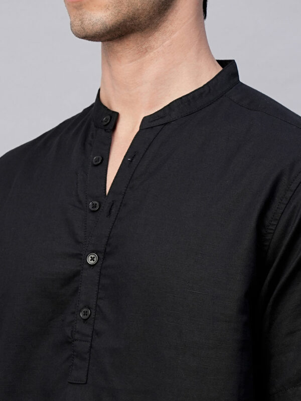 Men's Black Linen Cotton Slim Fit Band Collar Kurta Shirt