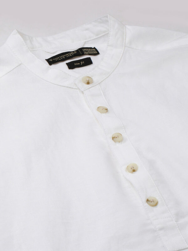 Men's White Linen Cotton Slim Fit Band Collar Kurta Shirt