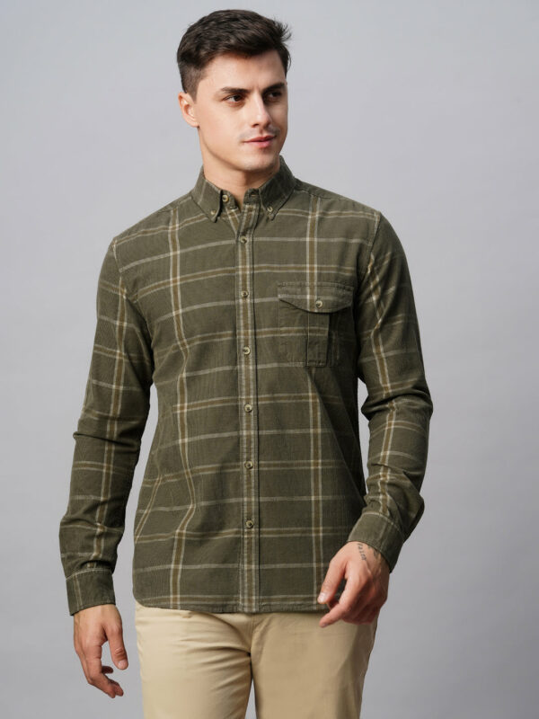 Men's Corduroy Green 100% Cotton Regular Fit Checked Shirt