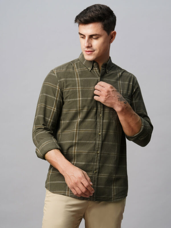 Men's Corduroy Green 100% Cotton Regular Fit Checked Shirt