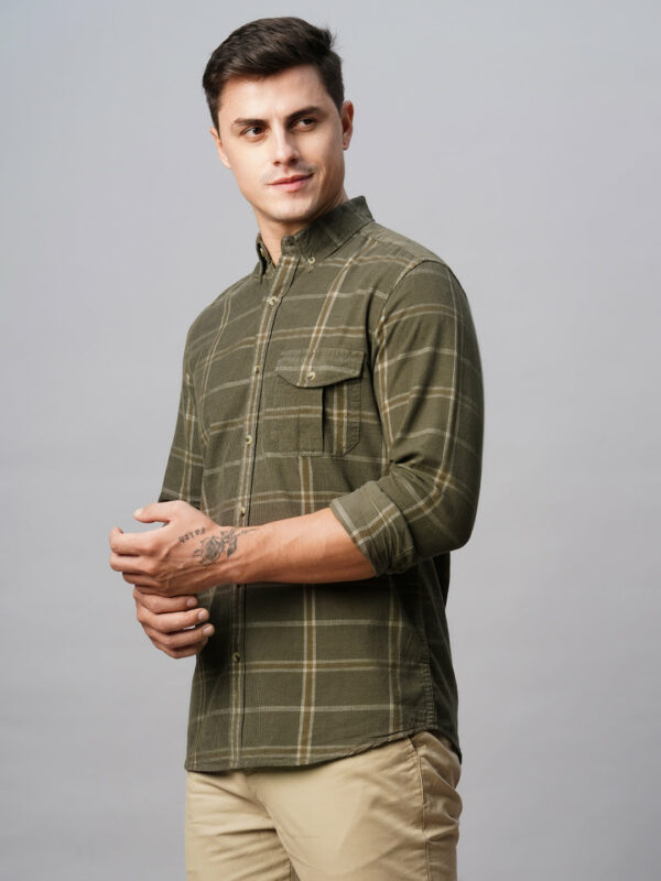 Men's Corduroy Green 100% Cotton Regular Fit Checked Shirt