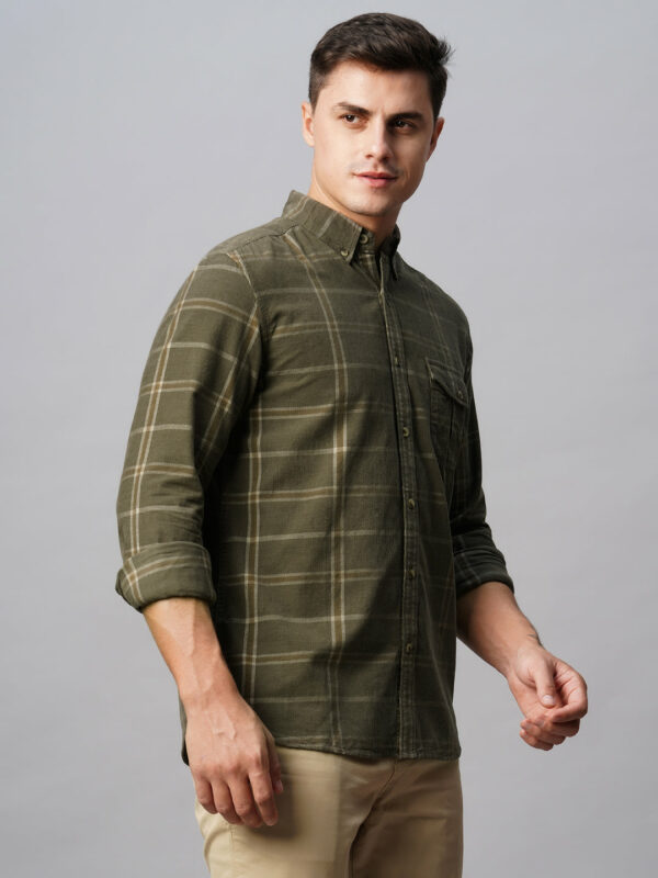 Men's Corduroy Green 100% Cotton Regular Fit Checked Shirt