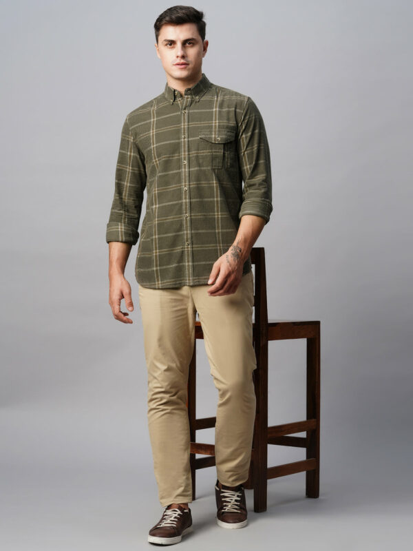 Men's Corduroy Green 100% Cotton Regular Fit Checked Shirt