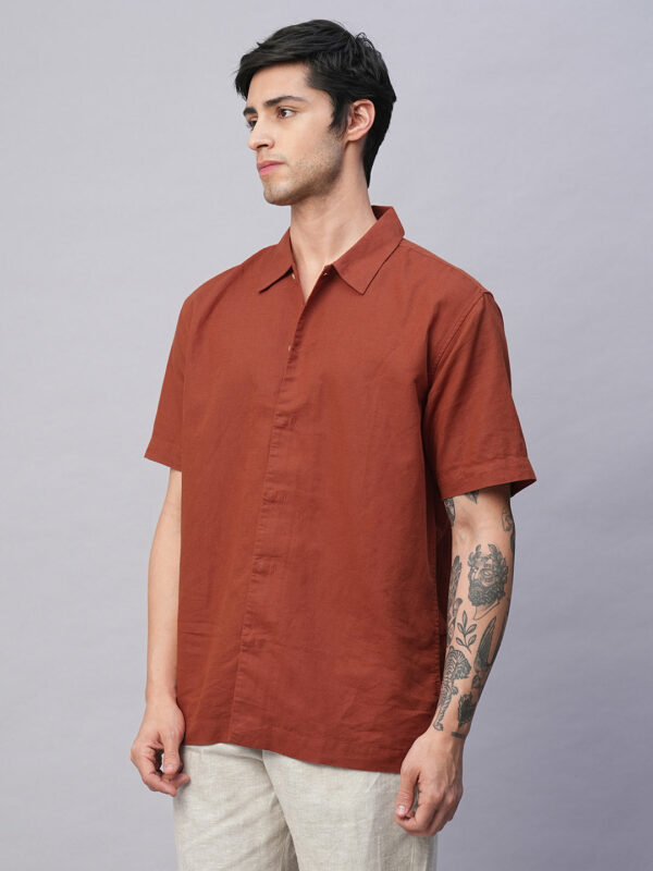 Men's Rust Cotton Linen Regular Fit Summer Shirt