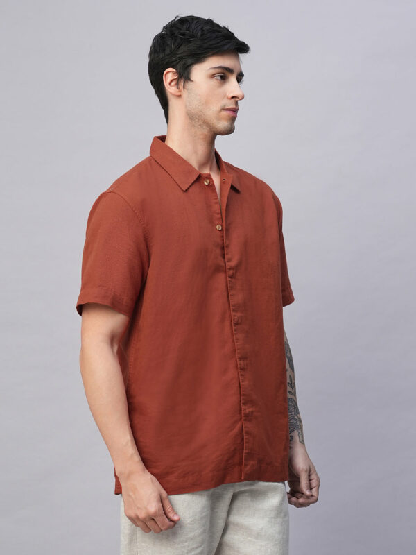 Men's Rust Cotton Linen Regular Fit Summer Shirt