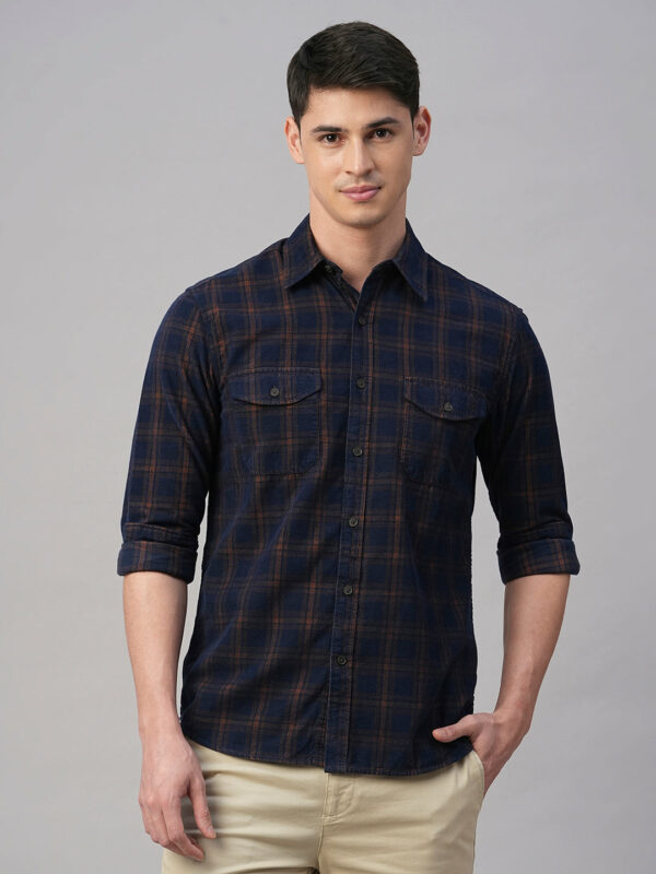 Men's Blue Cotton Regular Fit Checked Shirt