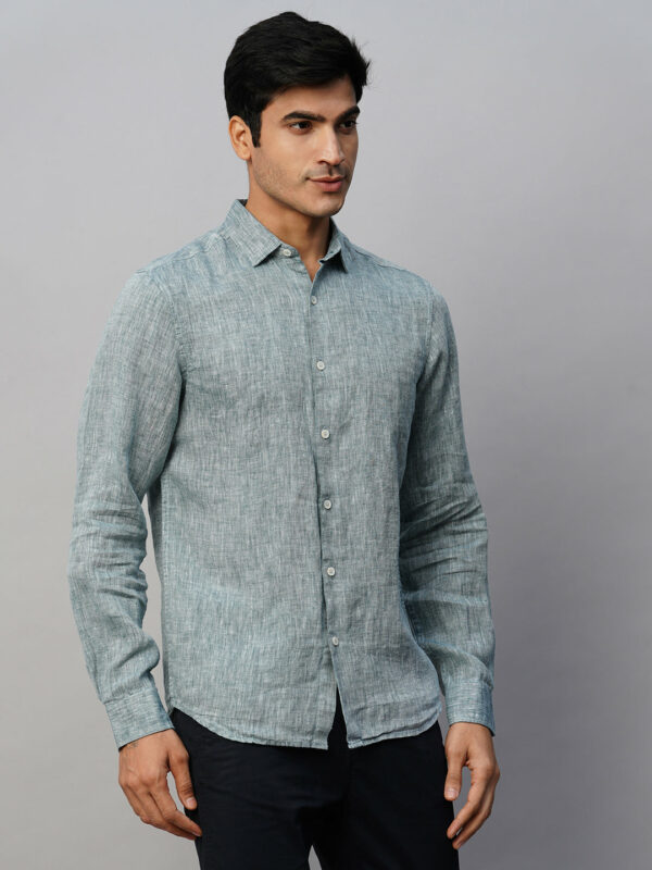 Men's Green 100% Linen Slim Fit Long Sleeved Shirt