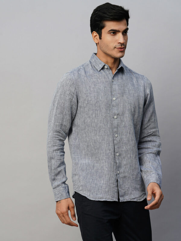 Men's Navy 100% Linen Slim Fit Long Sleeved Shirt