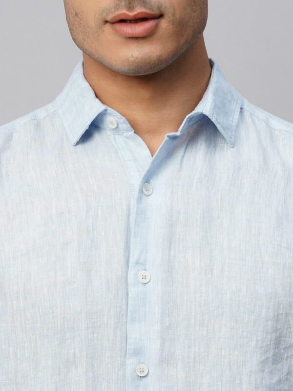 Men's Sky Blue 100% Linen Slim Fit Long Sleeved Shirt
