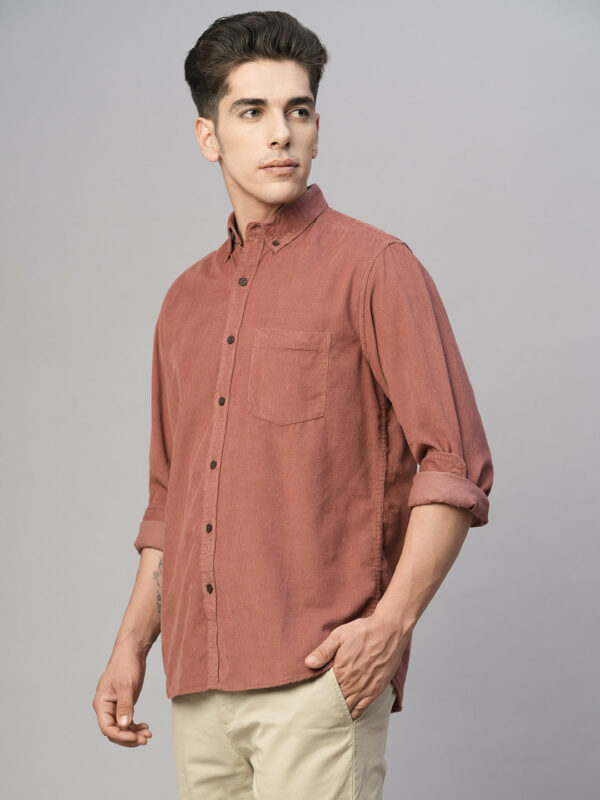 Men's 100% Cotton Corduroy Regular Fit Long Sleeved Shirt Brick