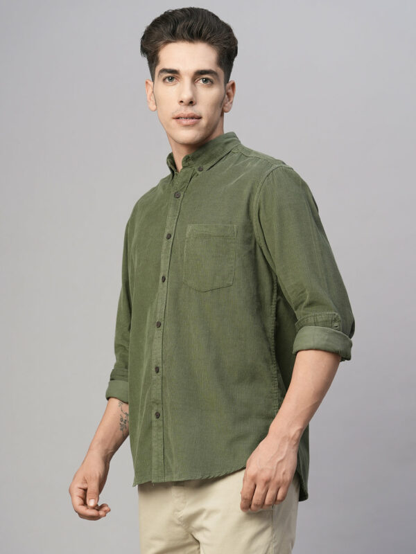 Men's Corduroy 100% Cotton Olive Regular Fit Long Sleeved Shirt