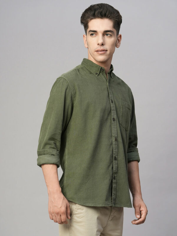 Men's Corduroy 100% Cotton Olive Regular Fit Long Sleeved Shirt