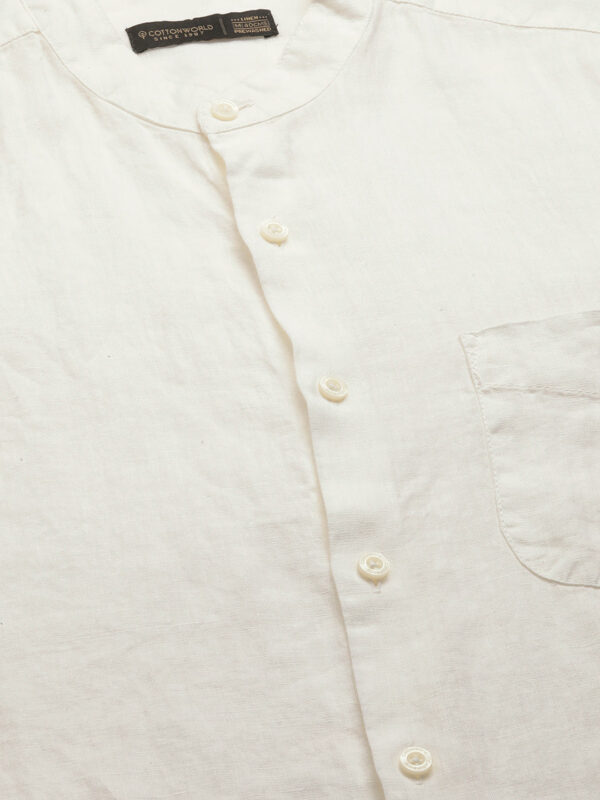 Men's White 100% Linen Regular Fit Mandarin Collar Long Sleeved Shirt