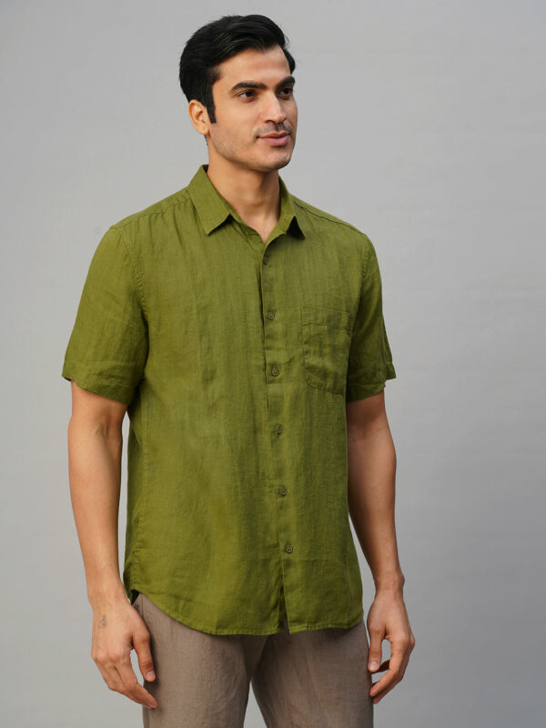 Men's Olive 100% Linen Regular Fit Shirt