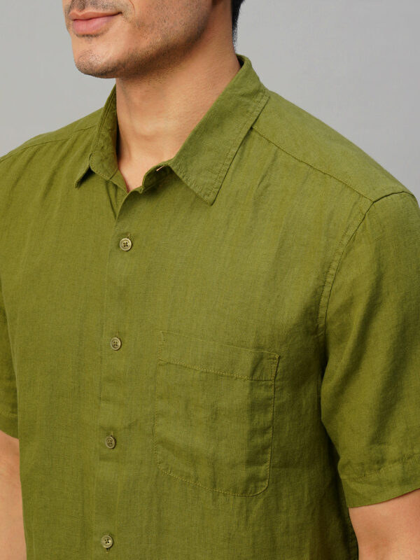 Men's Olive 100% Linen Regular Fit Shirt