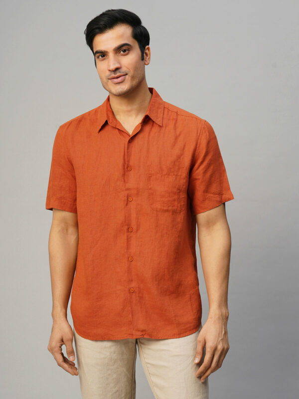 Men's Dark Blue 100% Linen Regular Fit Long Sleeved Shirt
