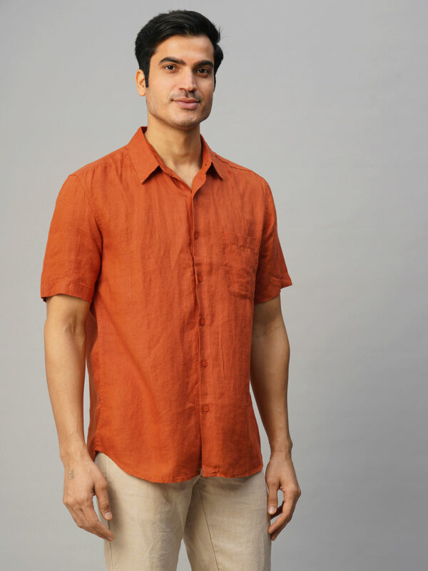 Men's Dark Blue 100% Linen Regular Fit Long Sleeved Shirt