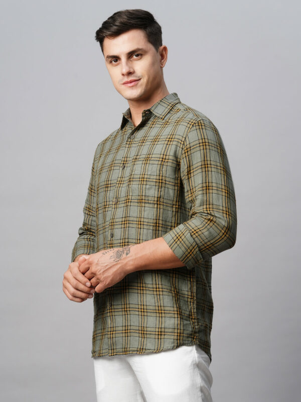 Men's Olive 100% Linen Regular Fit Checked Shirt