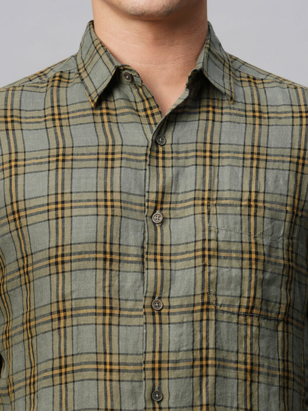 Men's Olive 100% Linen Regular Fit Checked Shirt