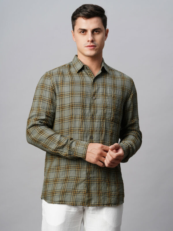 Men's Olive 100% Linen Regular Fit Checked Shirt