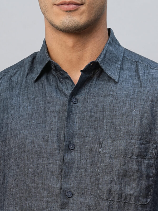 Men's 100% Linen Navy Regular Fit Long Sleeved Shirt